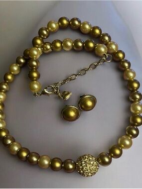 Vintage Carolee Gold-Tone Beaded Necklace and Button Style Earrings Set